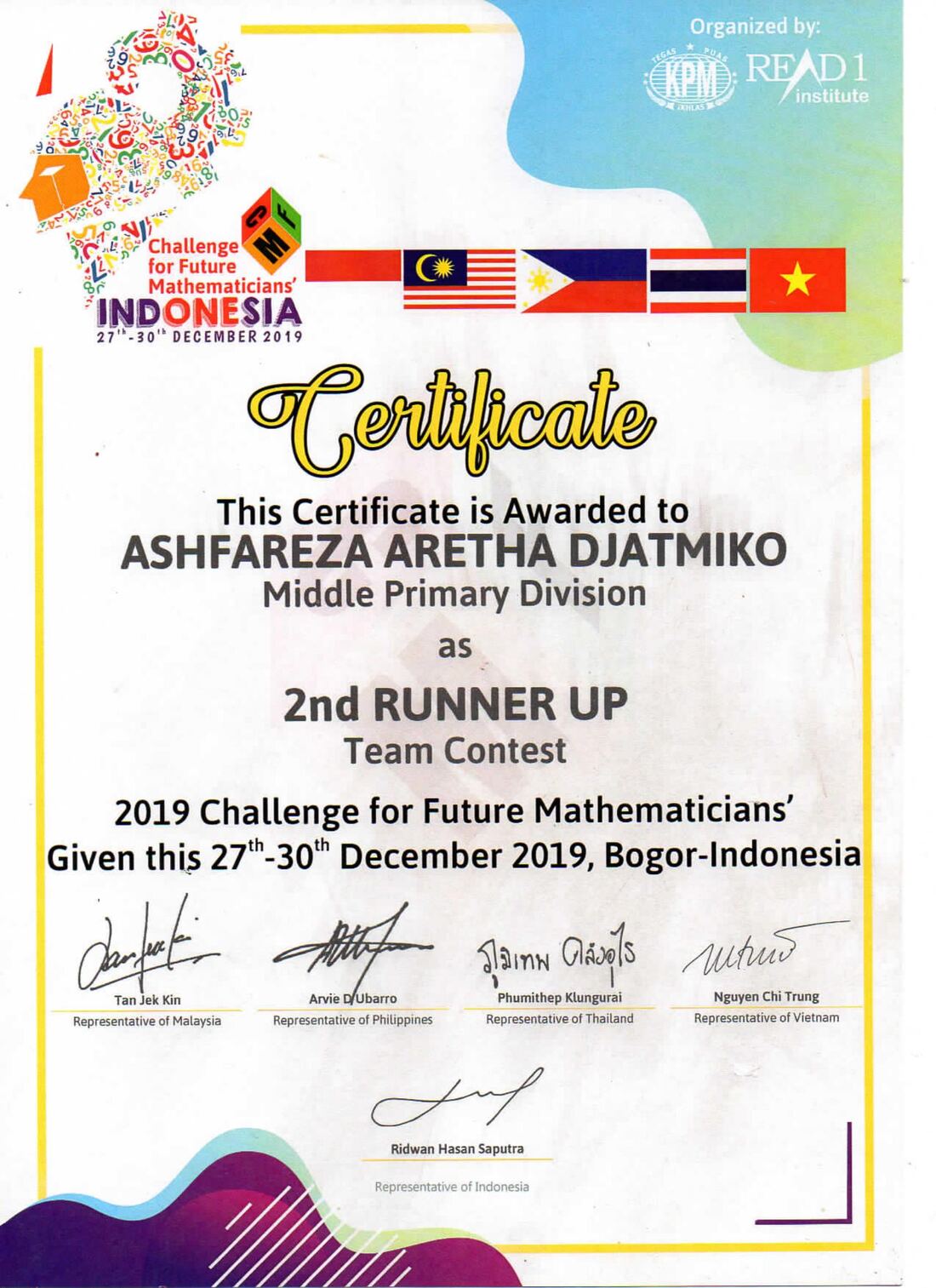 2nd Runner Up — CFM Mathematics Contest certificate