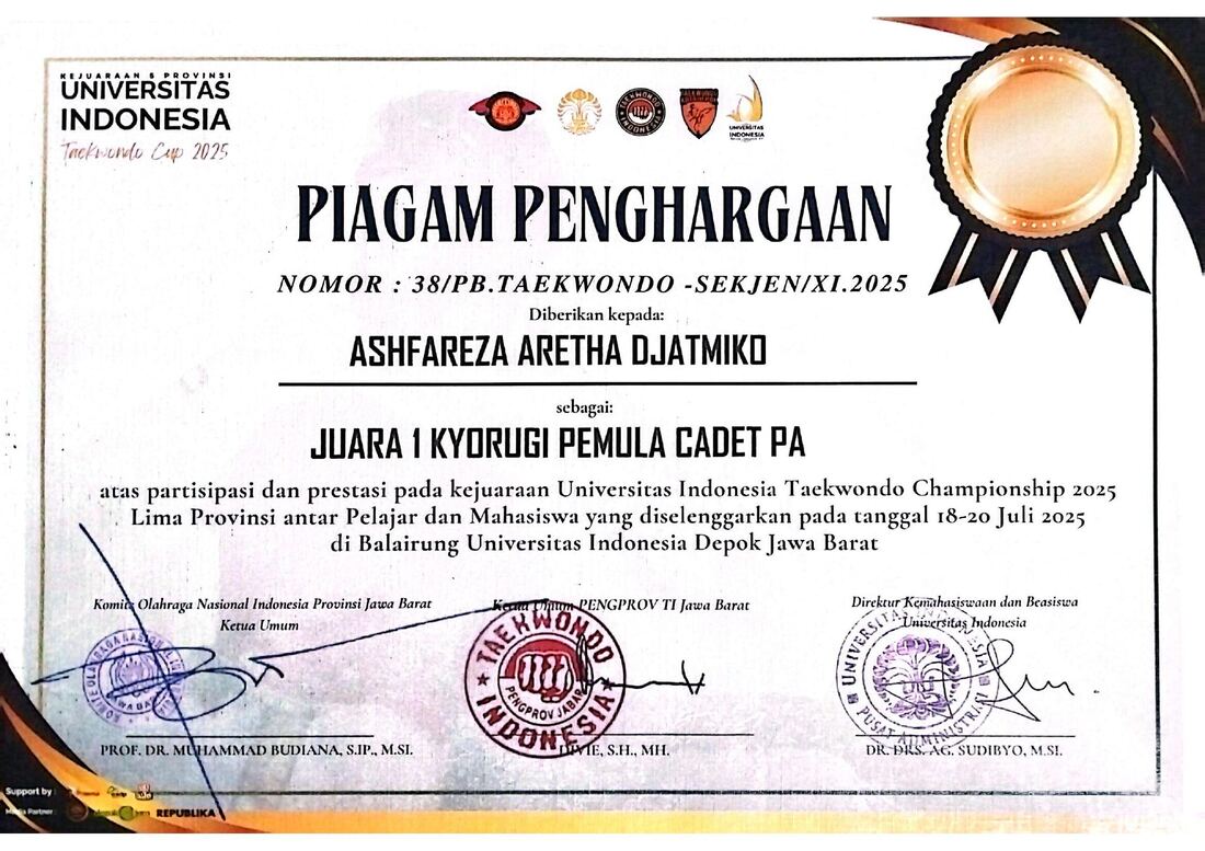 Gold Medal — Universitas Indonesia Taekwondo Cup 2025 certificate